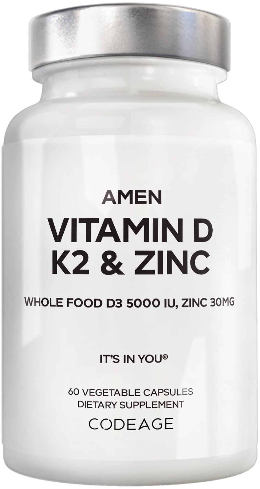 Amen Vitamin D3 K2 Zinc bottle pour shows easy daily dosing for wellness routine
