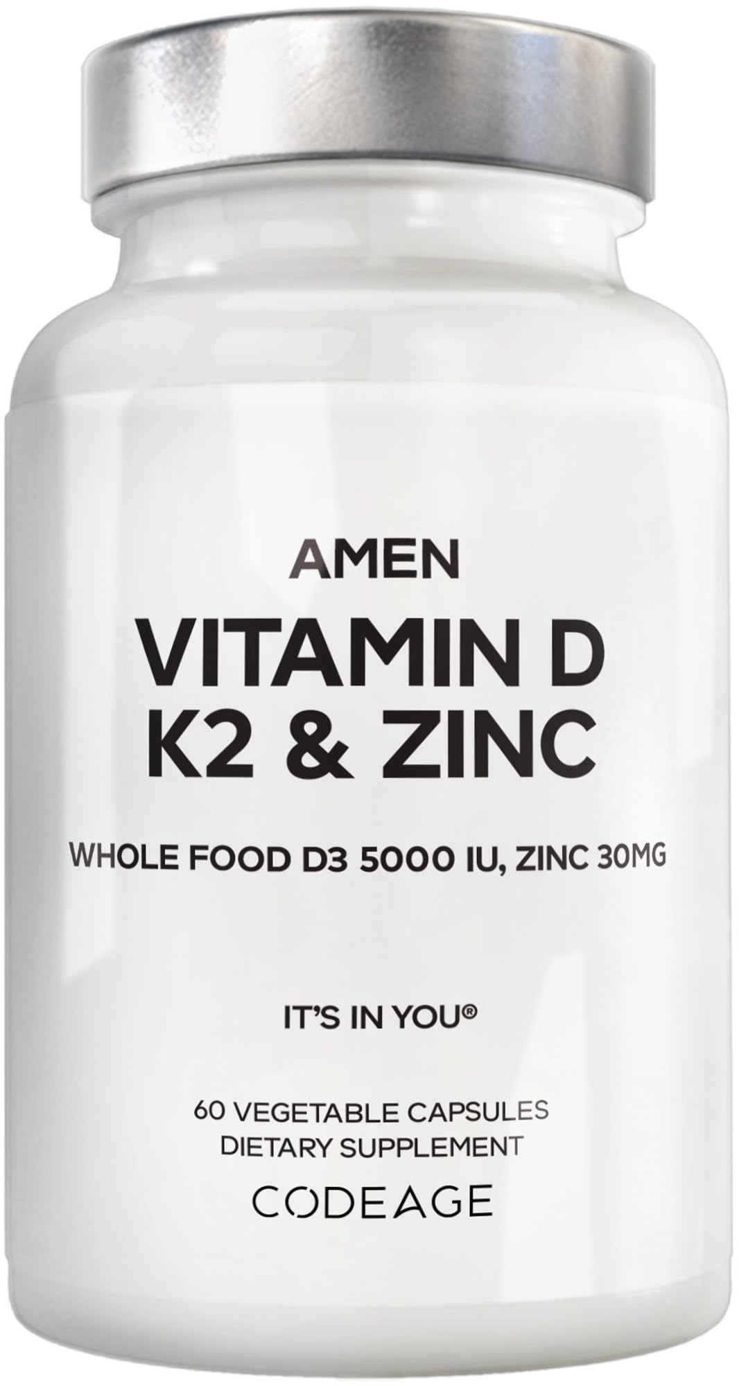 Amen Vitamin D3 K2 Zinc bottle pour shows easy daily dosing for wellness routine