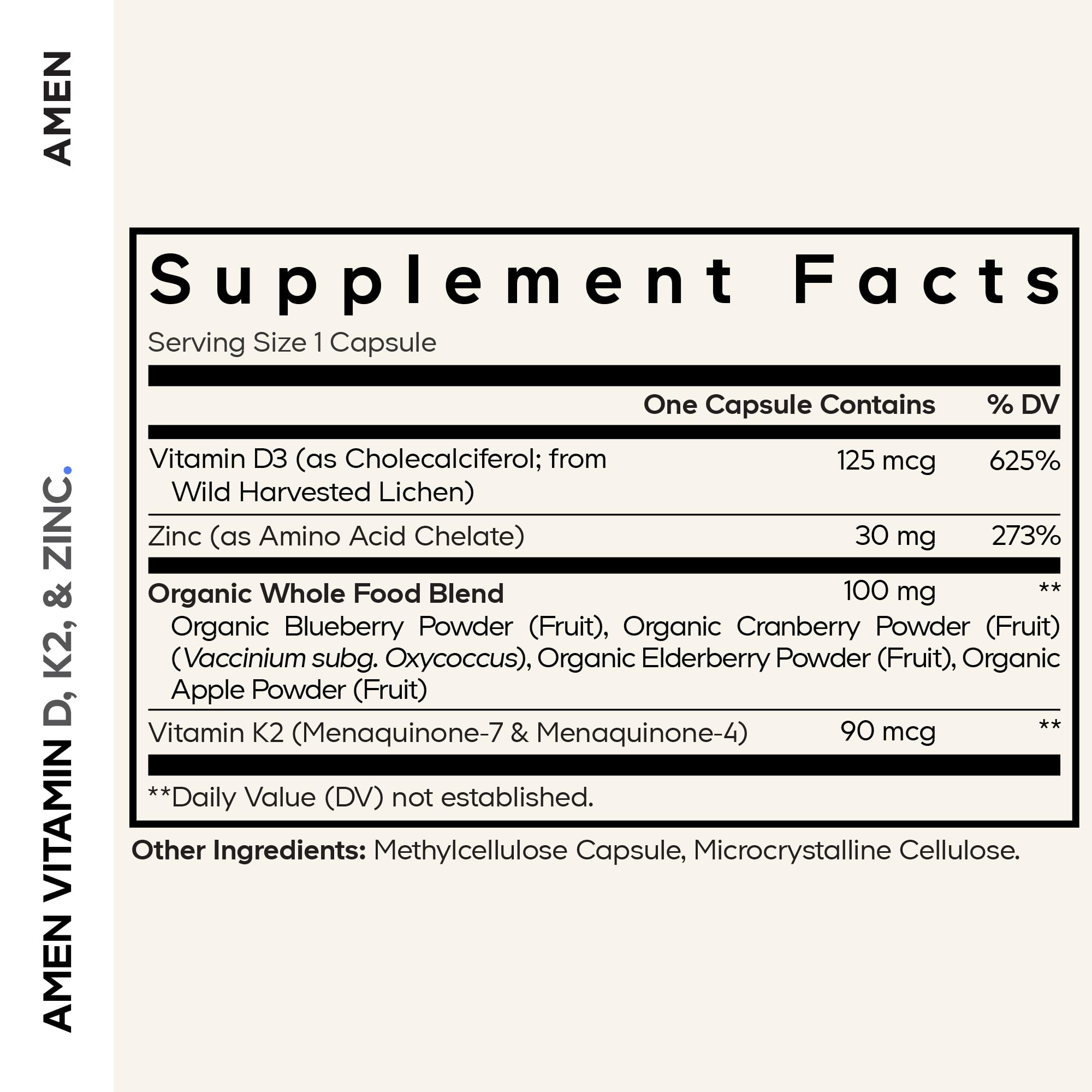 Amen Vitamin D3 K2 Zinc capsules closeup highlights vegan D3 source