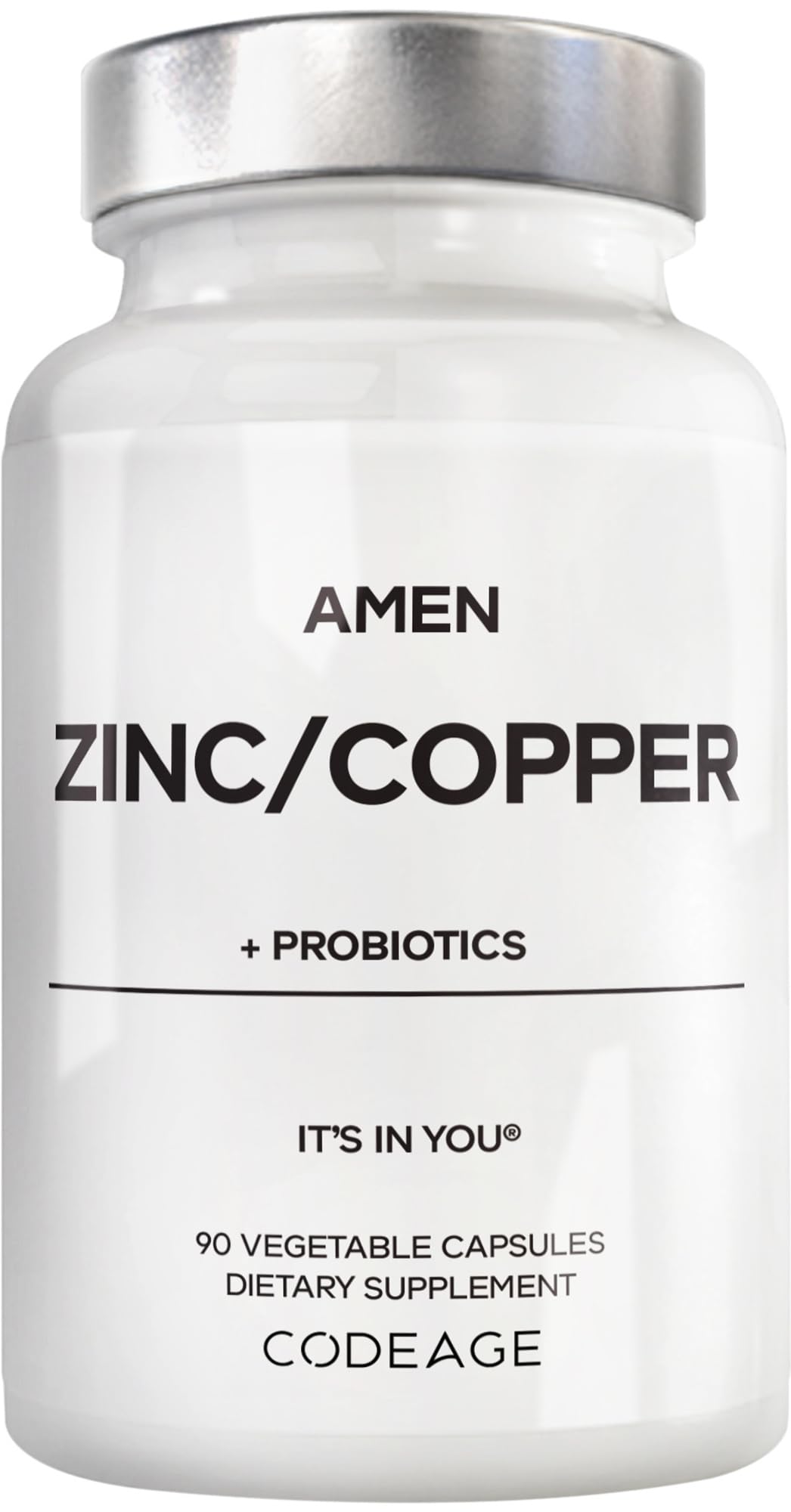 Amen Zinc & Copper Probiotics bottle with three-month supply and easy daily capsules