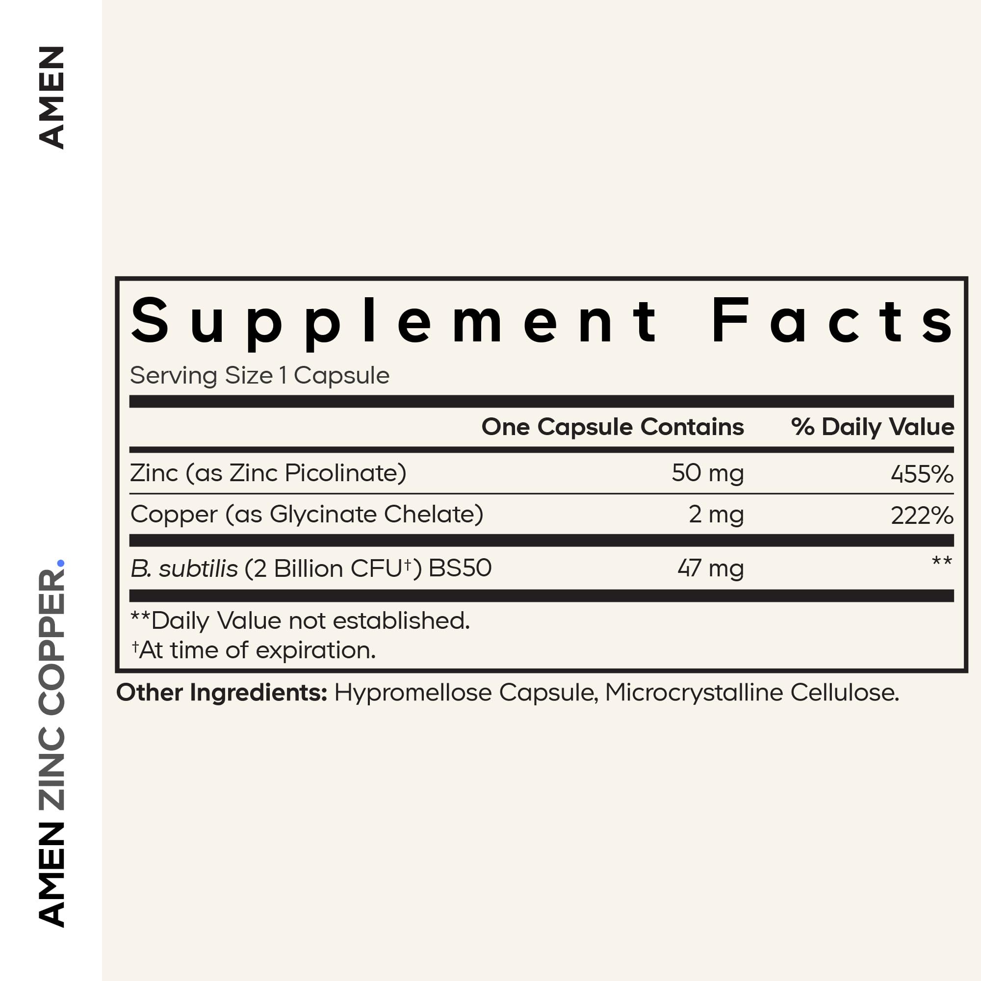 Amen Zinc & Copper Probiotics capsules highlighting vegan, non-GMO formula for everyday use