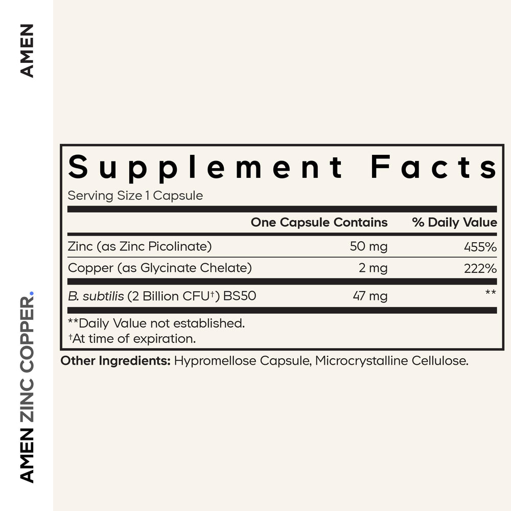Amen Zinc & Copper Probiotics capsules highlighting vegan, non-GMO formula for everyday use