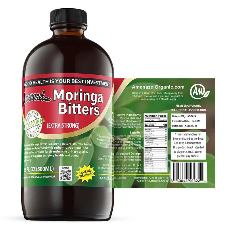 Amenazel Organic Moringa Bitters bottle front view promotes daily digestive balance.