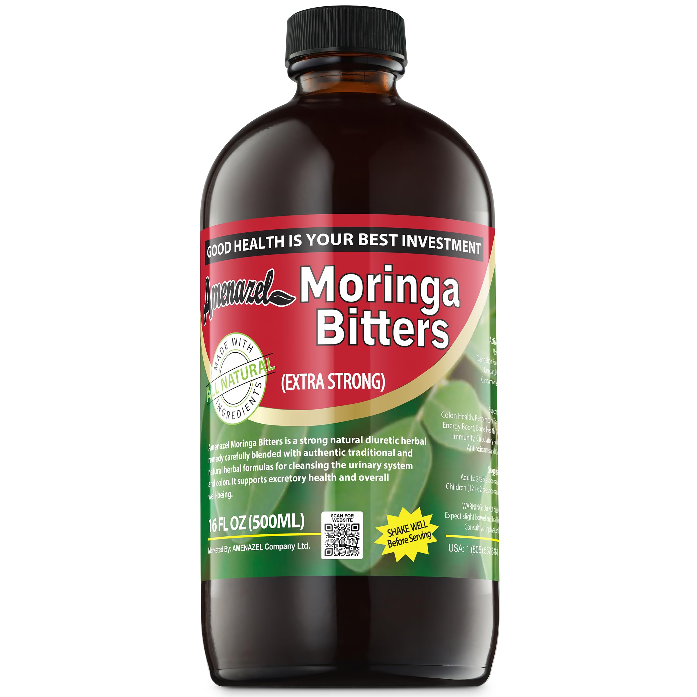 Amenazel Moringa Bitters bottle pour demonstrates easy dosing for daily routines.