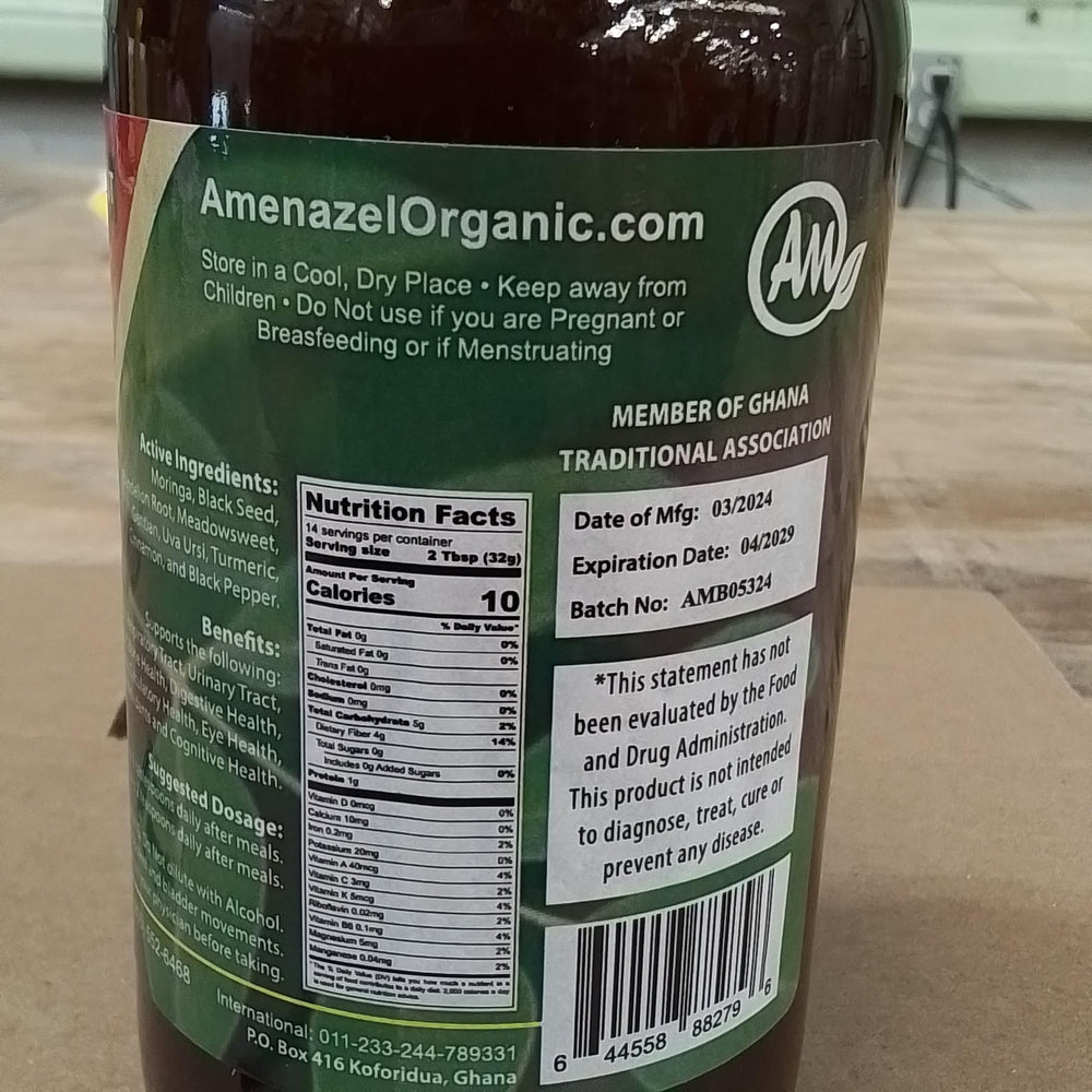 Amenazel Moringa Bitters honey-sweetened image signals natural flavor and gentle use.