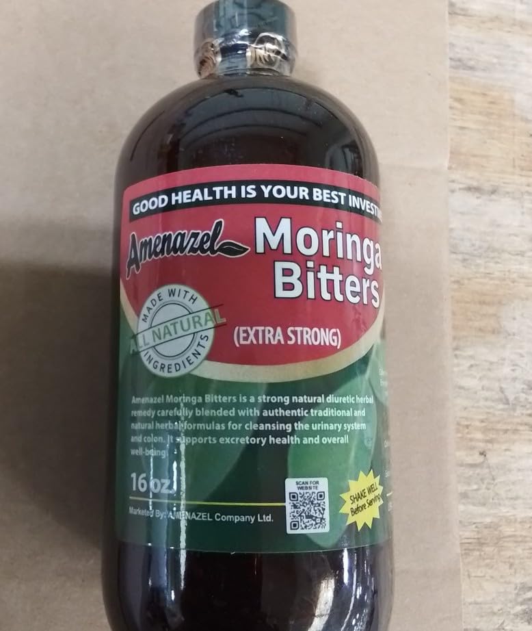 Amenazel Moringa Bitters packaging back view emphasizes GMO-free commitment.