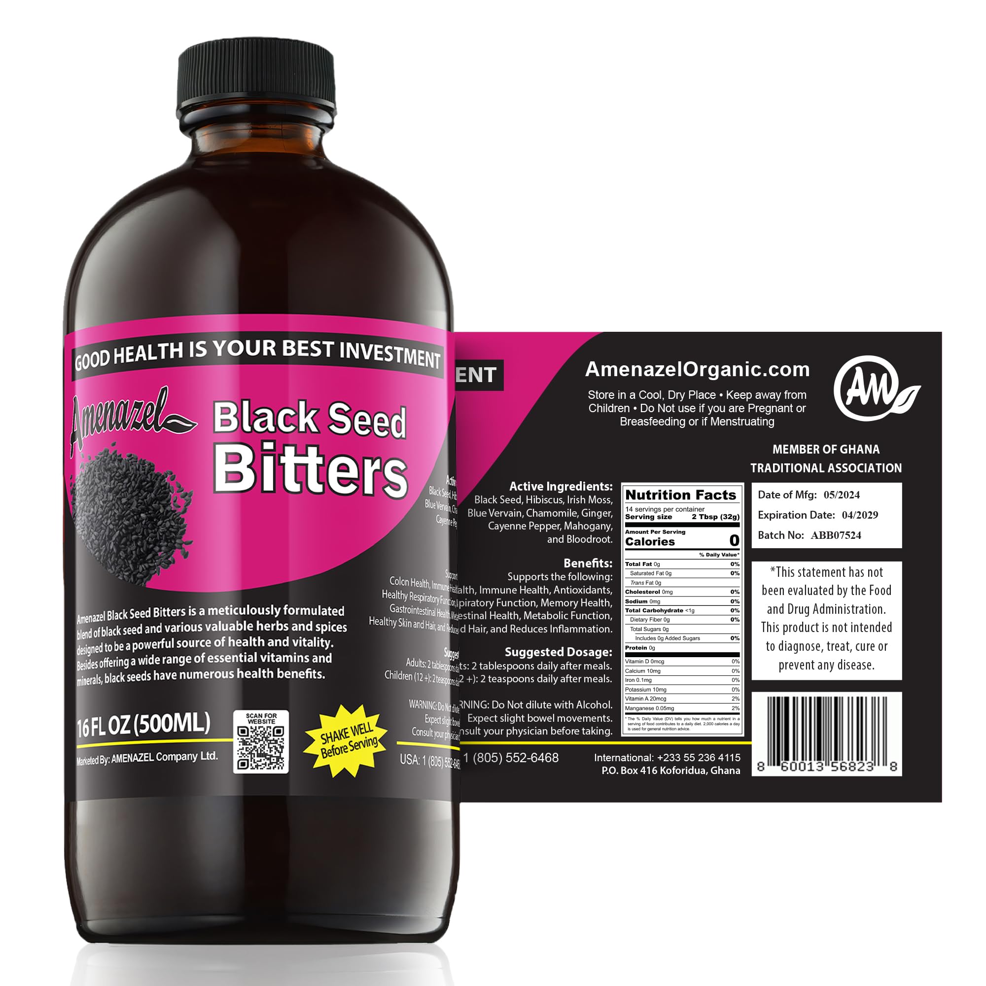 Amenazel Organic Black Seed Bitters bottle supporting immune balance and gentle digestion.