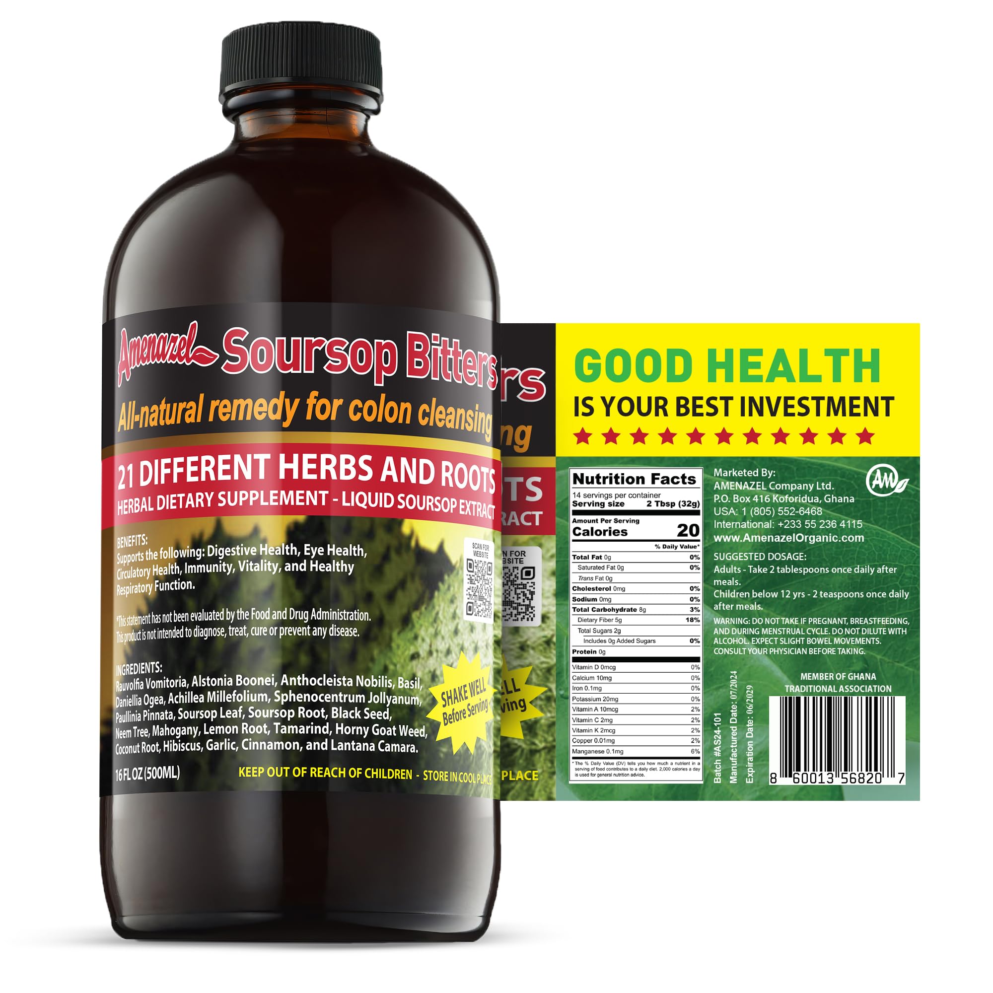 Amenazel Soursop Bitter bottle—rich flavor for cocktails and culinary use.