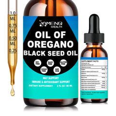 AMENQ Health Oil of Oregano with Black Seed Oil pour showing potent blend for immune support