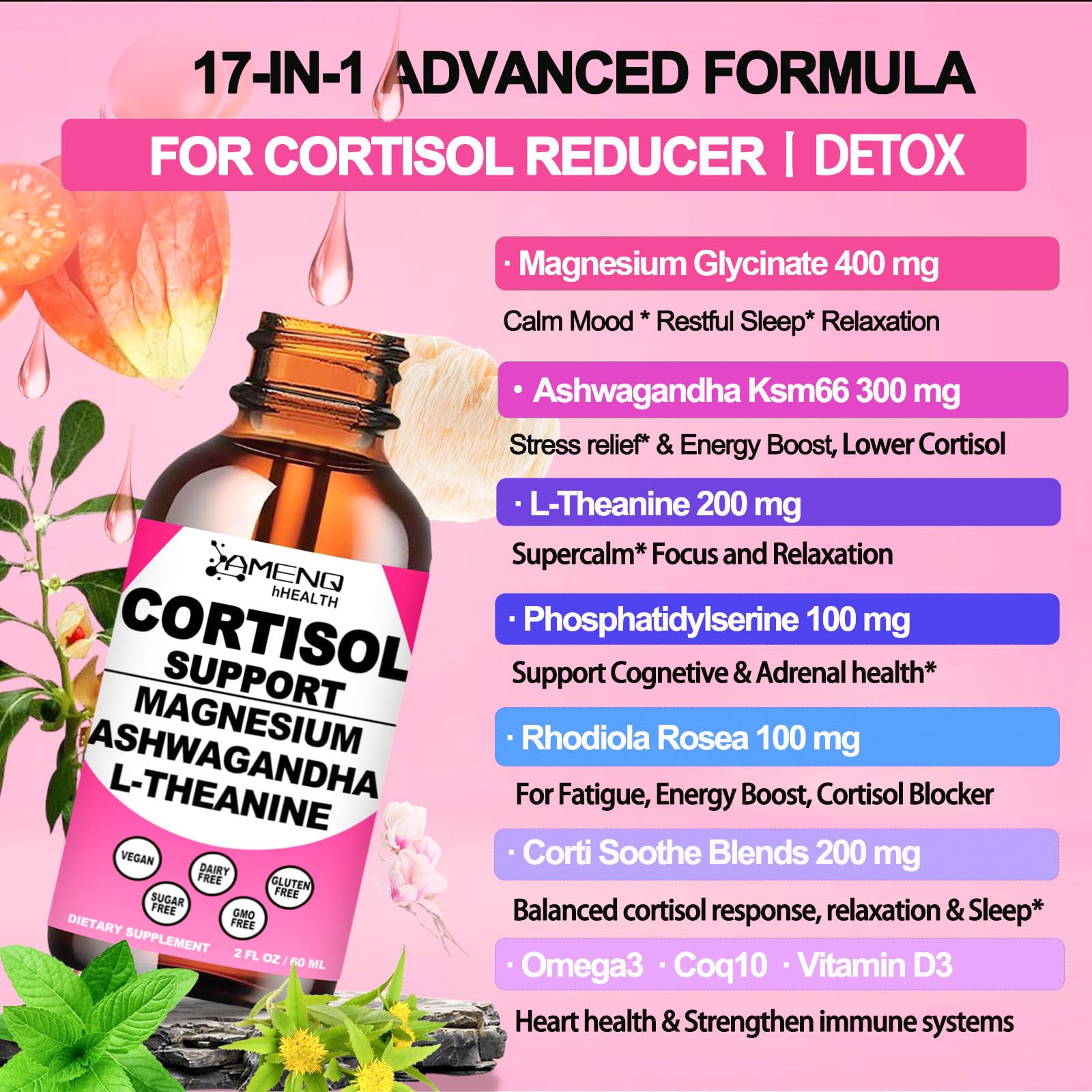 AMENQ hHEALTH cortisol drops under tongue raspberry serving for quick absorption