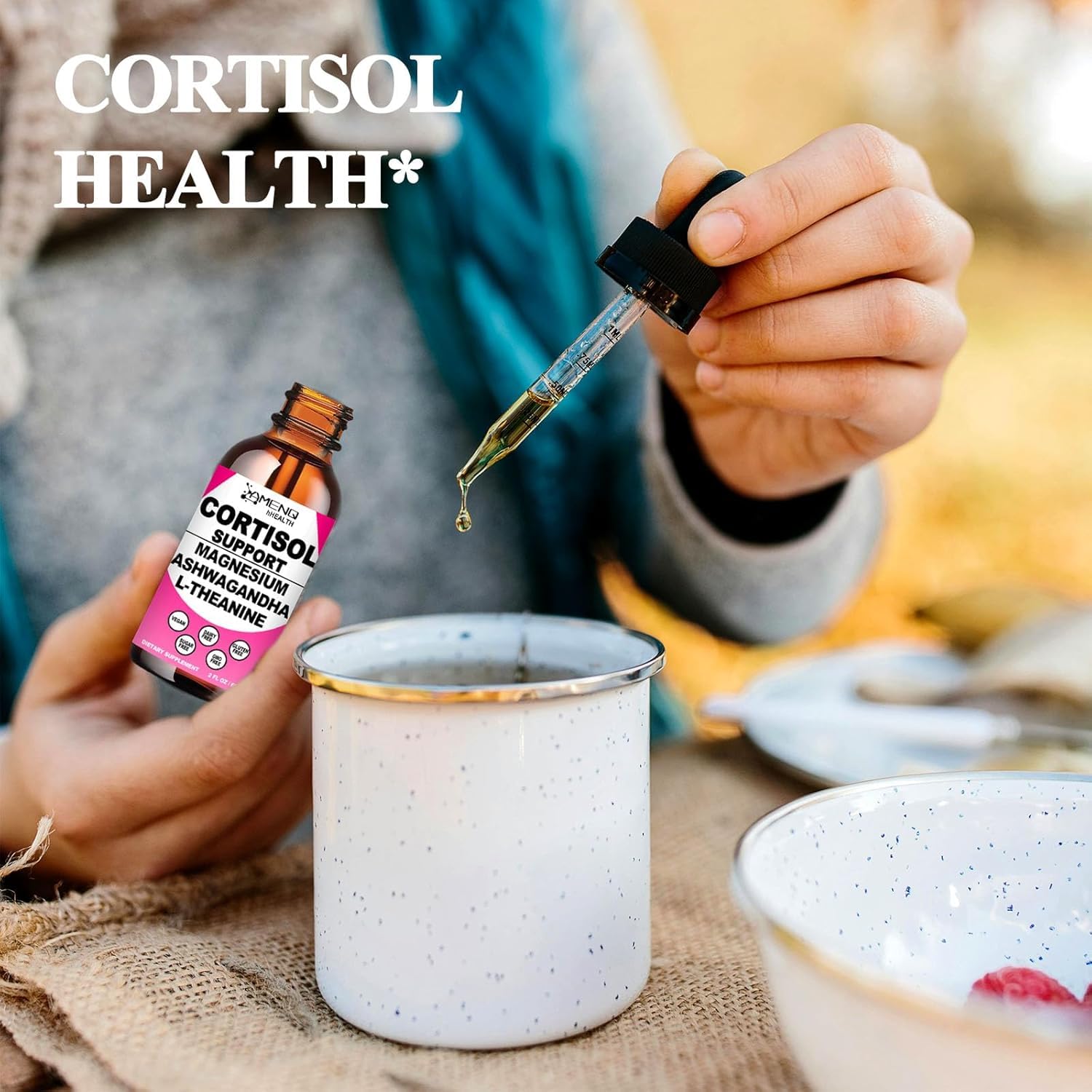 Label showing 30 servings per bottle for AMENQ hHEALTH cortisol drops