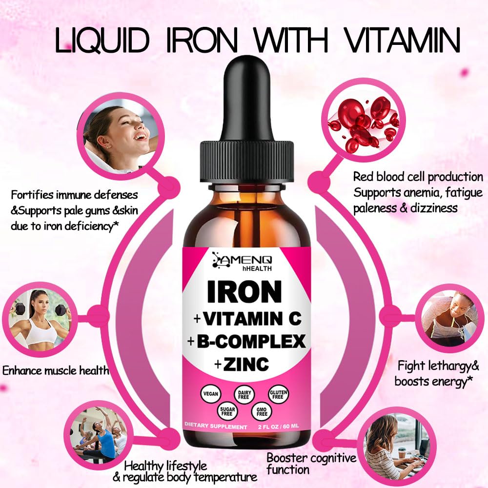 AMENQ hHEALTH iron drops bottle label shows vegan, non-GMO formula