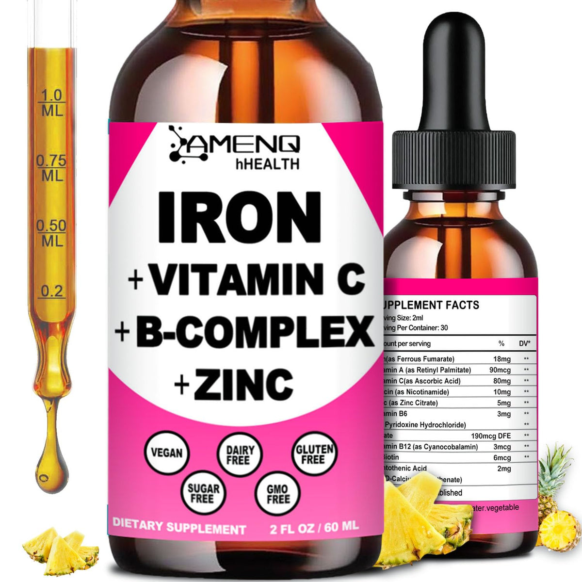 AMENQ hHEALTH iron drops pineapple bottle with vitamin C support