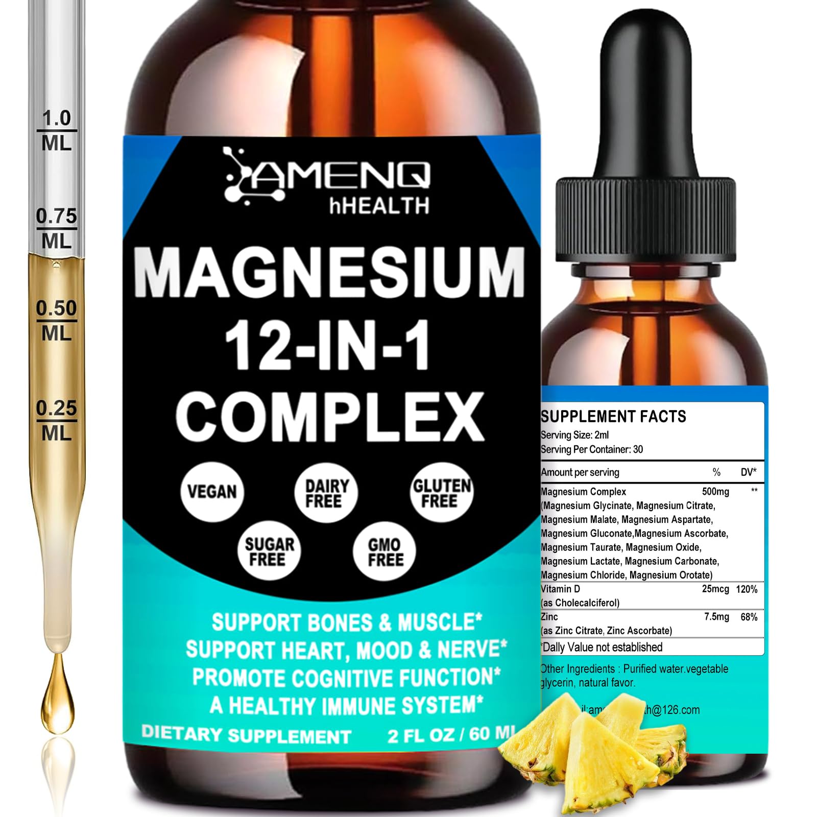 AMENQ hHEALTH Magnesium 12-in-1 liquid drops bottle promotes convenient daily wellness.