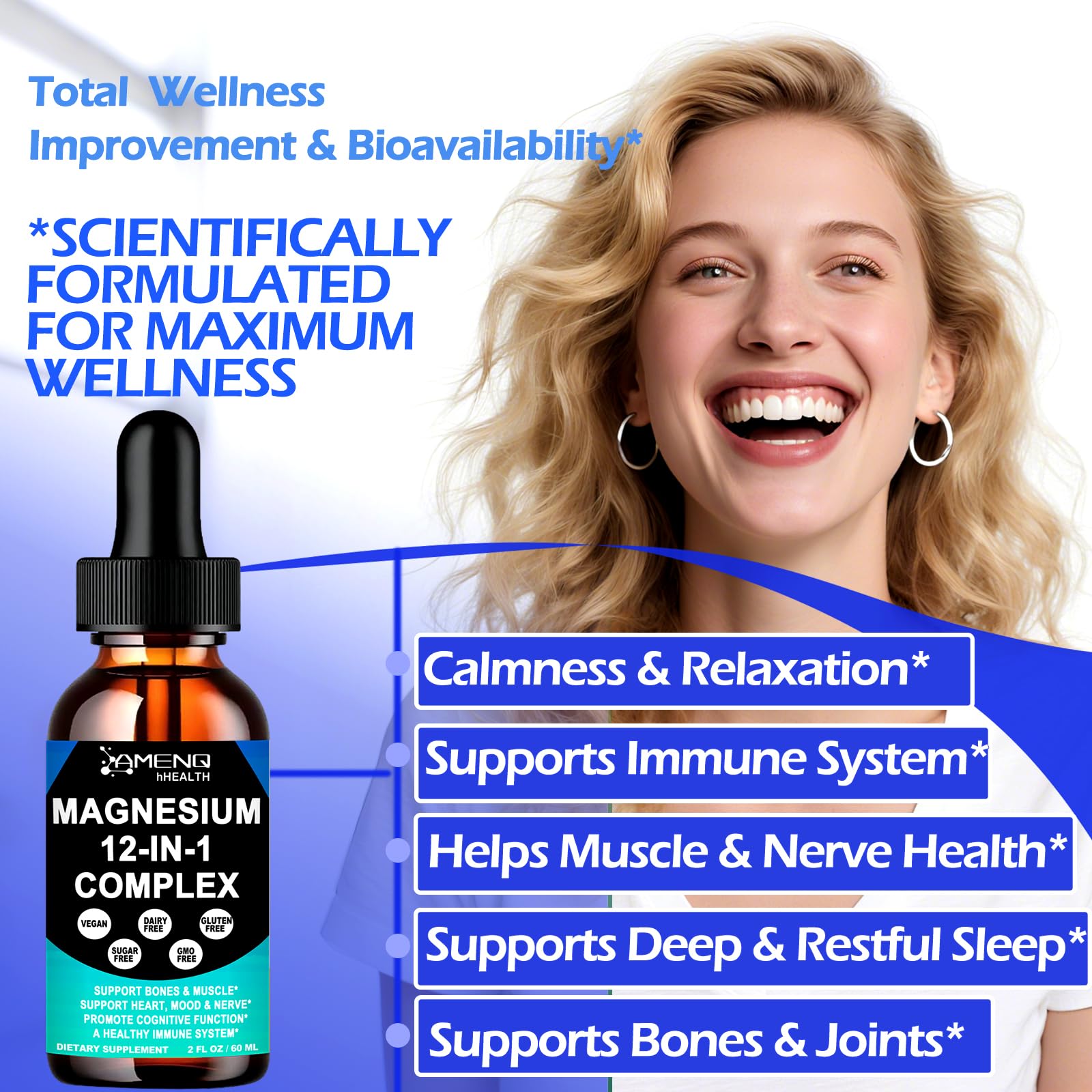 AMENQ hHEALTH Magnesium 12-in-1 drops dissolving in water for quick use.