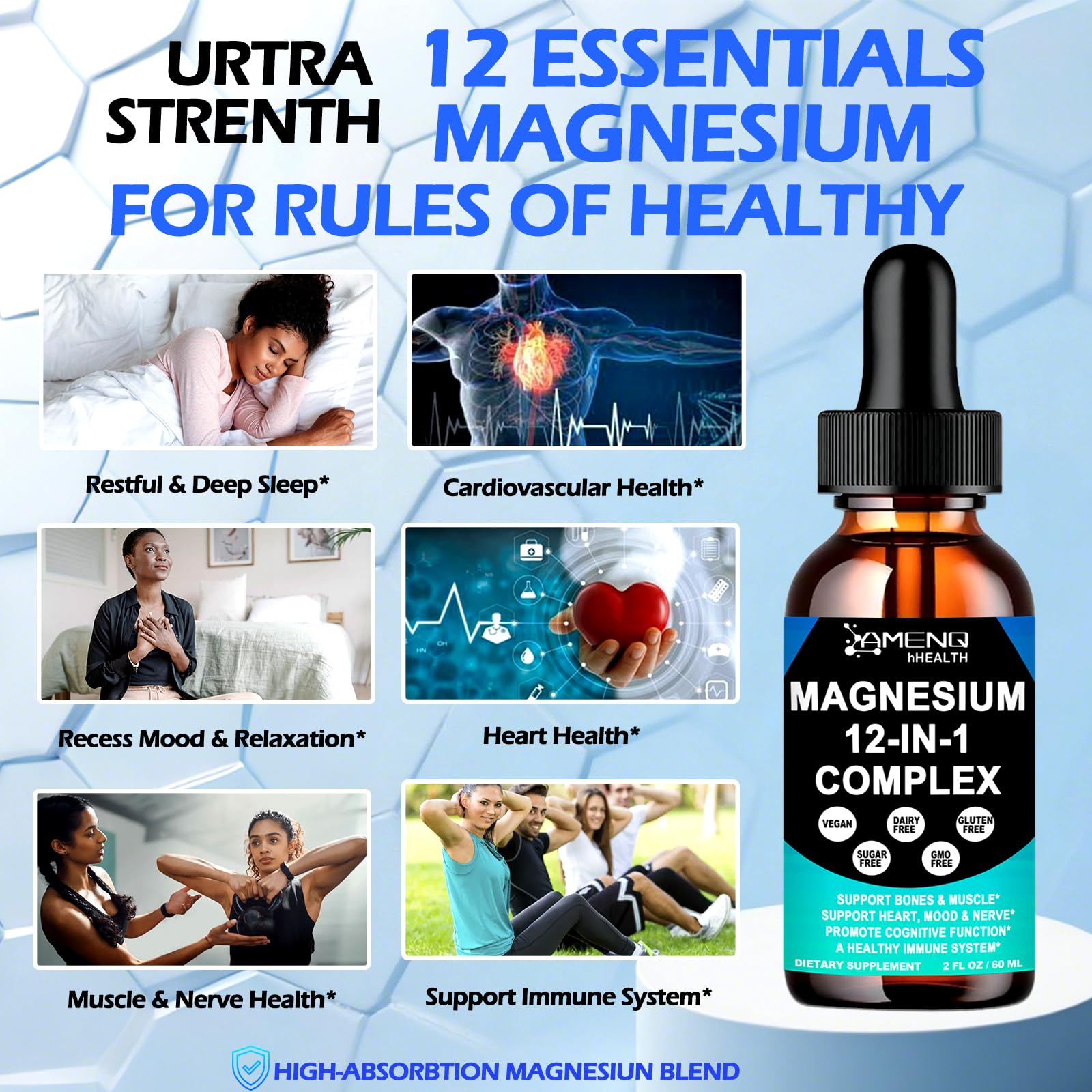 AMENQ hHEALTH Magnesium 12-in-1 label closeup highlights purity and full-spectrum blend.
