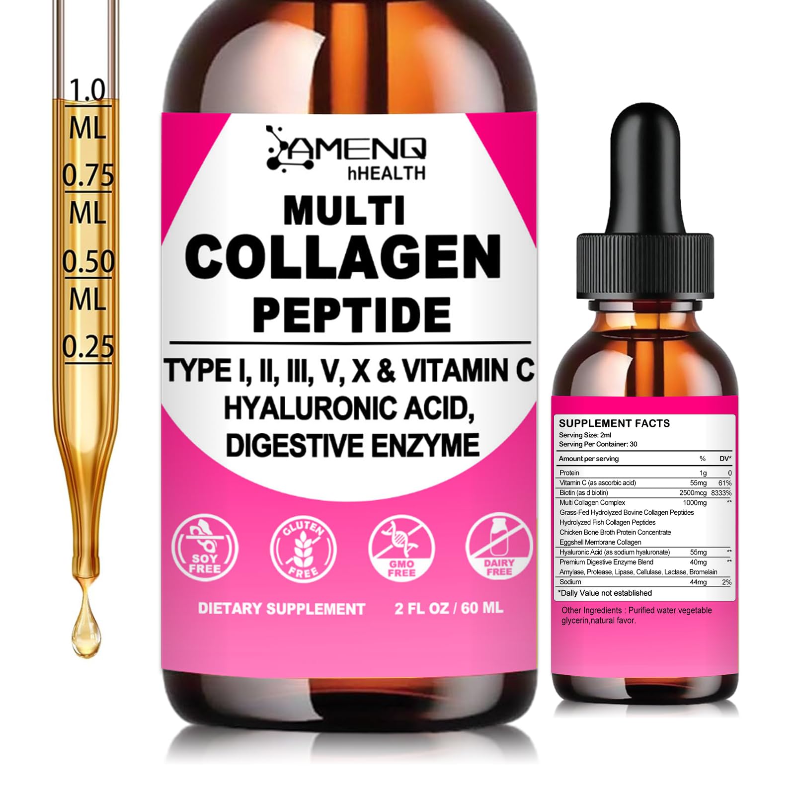 AMENQ hHEALTH Multi Collagen Gotas: botella lista para uso diario para piel y articulaciones.