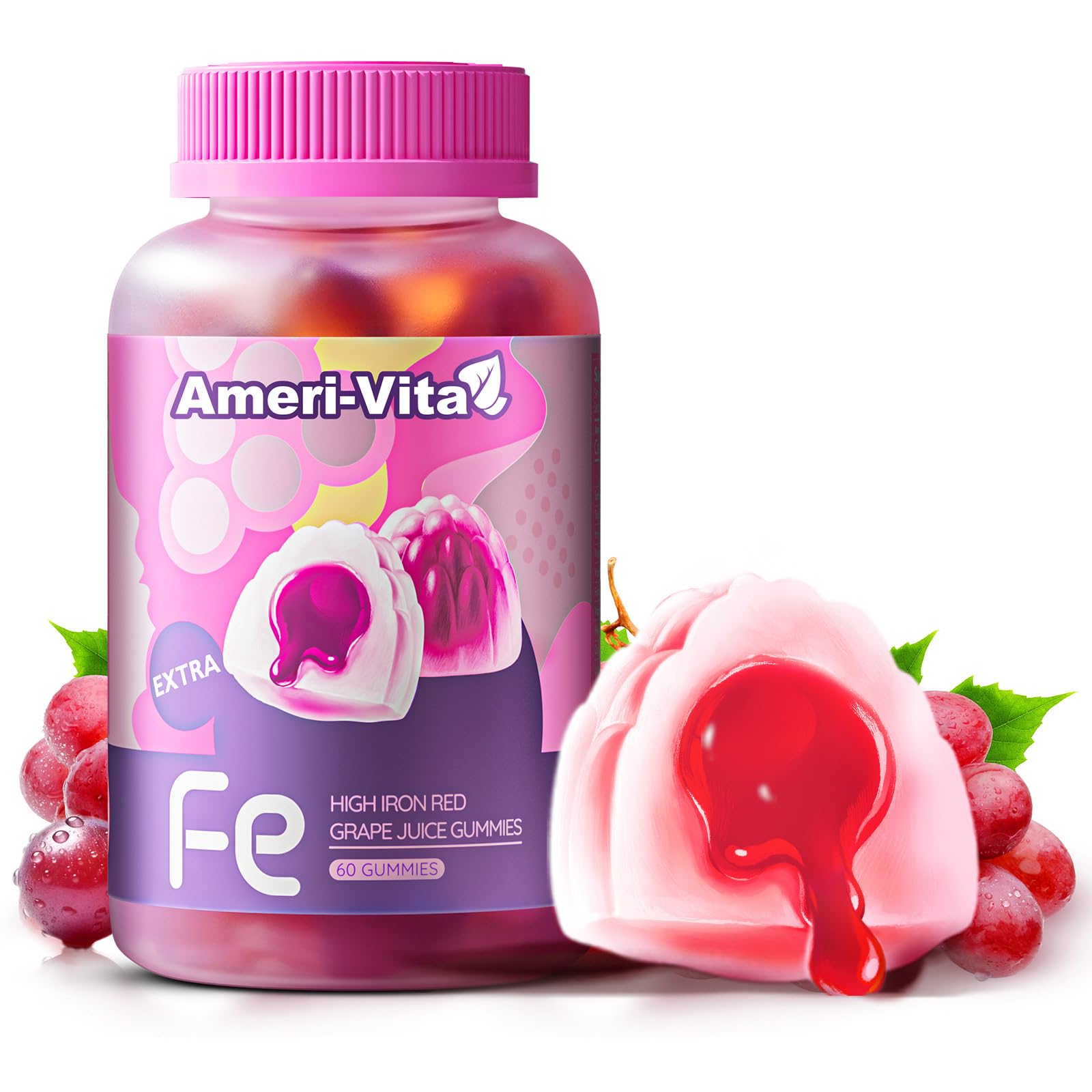 Ameri-Vita heme iron gummies bottle showing grape flavor and easy daily use