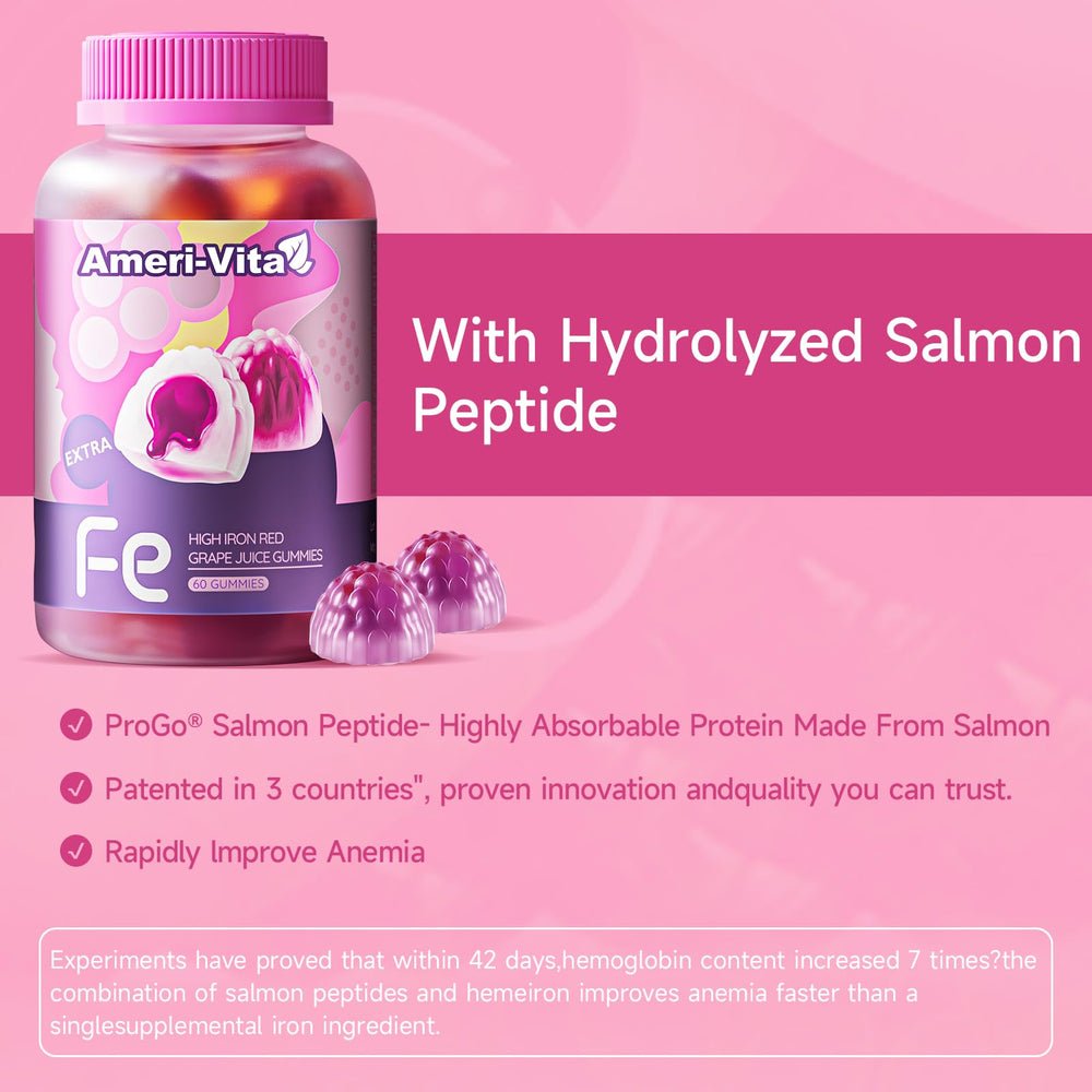 Ameri-Vita Iron Gummies USA-made, non-GMO, sugar-free.