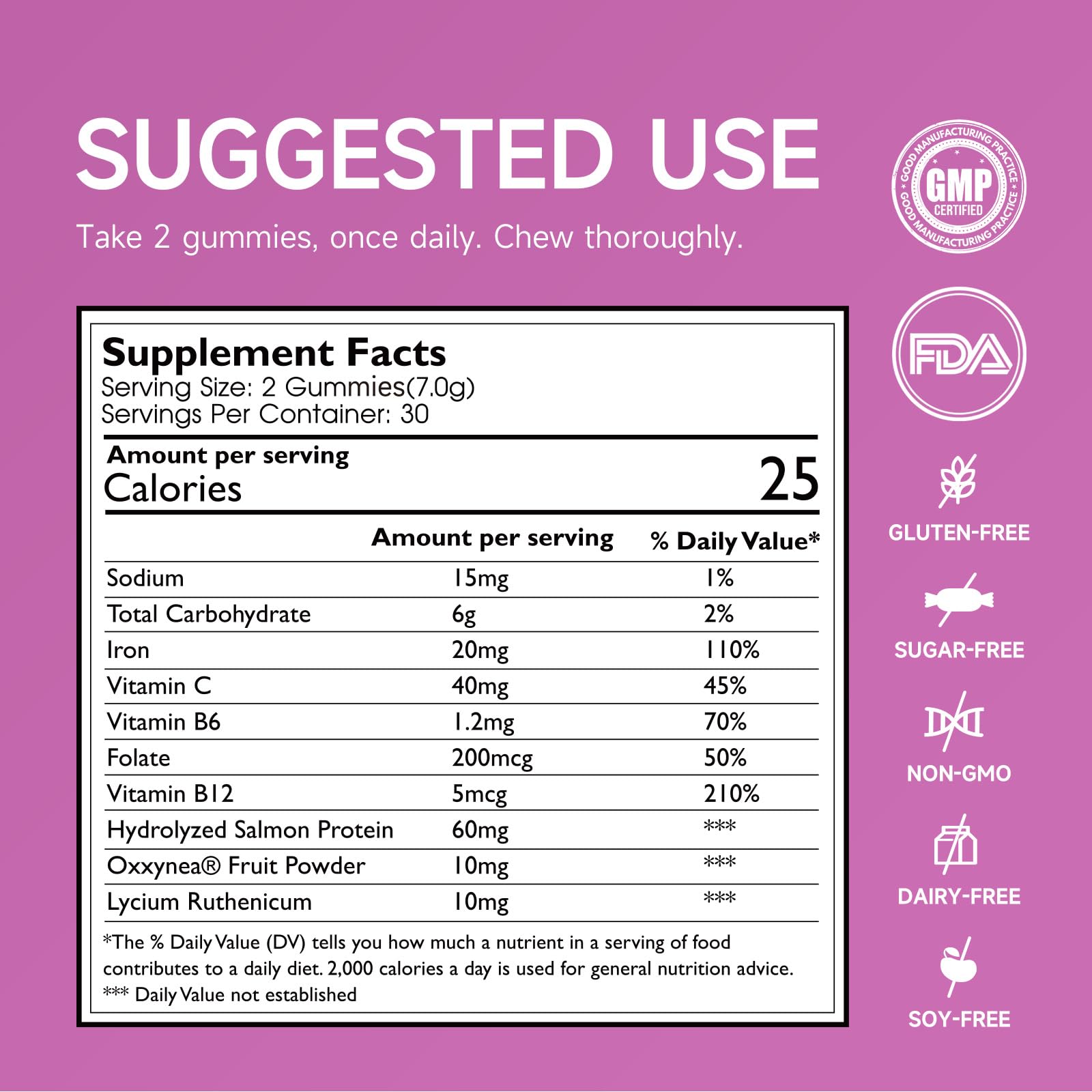 Ameri-Vita vitamins C B12 folate shown with gummy texture and nutrients