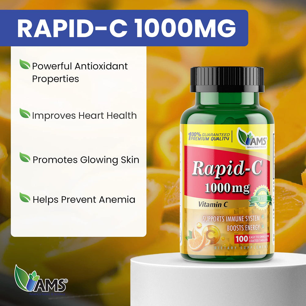 America Medic & Science Rapid-C bottle label close-up highlighting vitamin C potency.