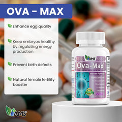 Closeup of OVA-Max capsules showing shape and color for daily fertility support.