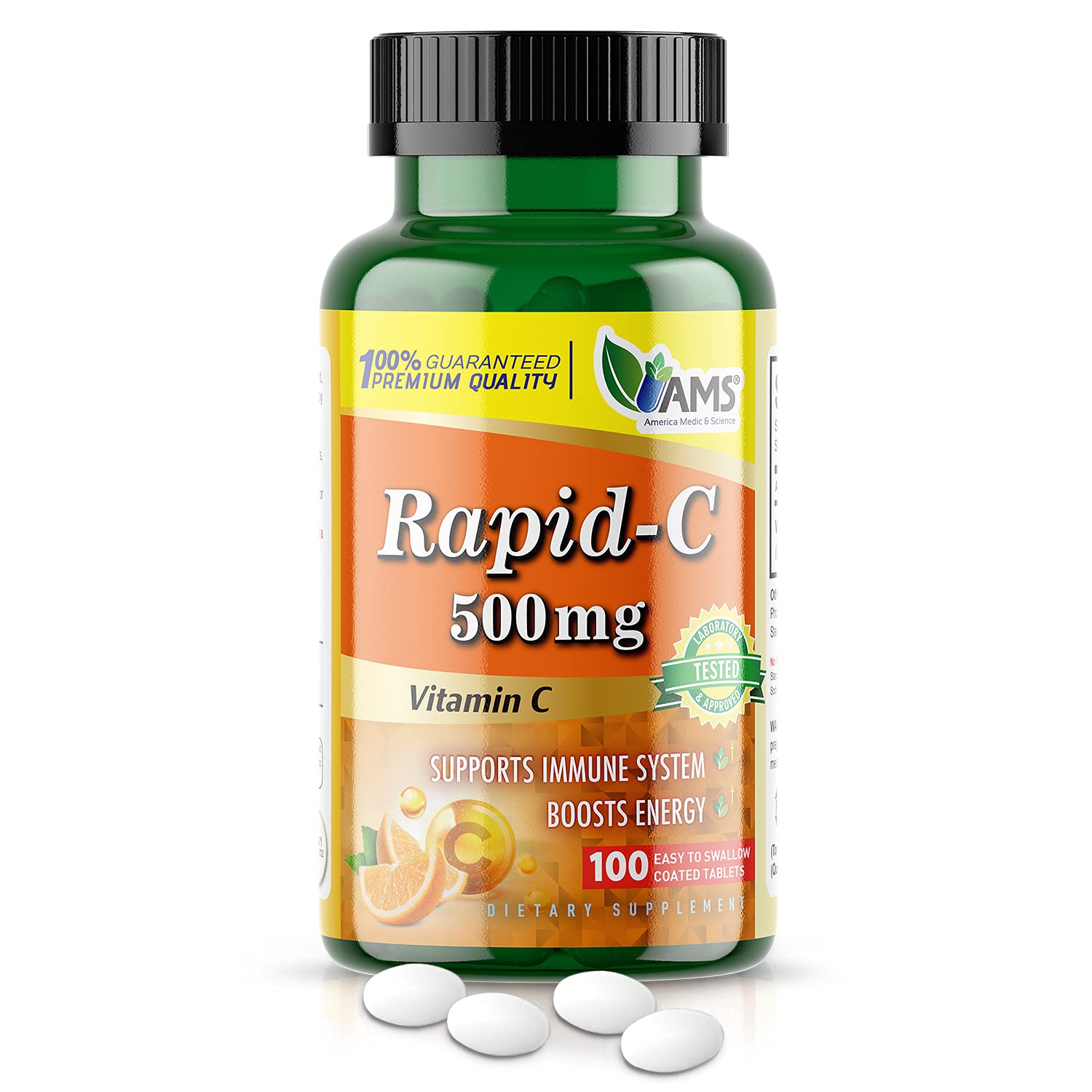 America Medic & Science Rapid-C 500mg tablets in bottle for daily immunity.