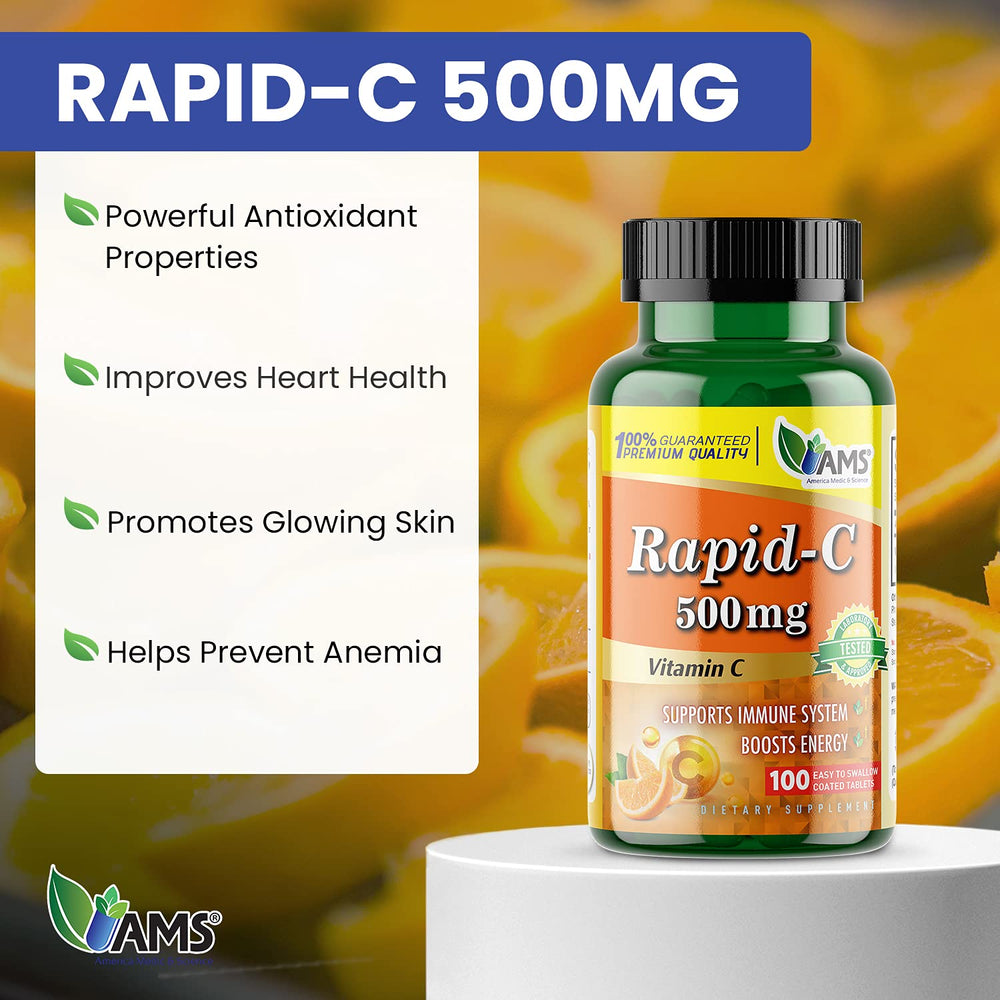 America Medic & Science Rapid-C bottle label close-up showing vitamin C content.