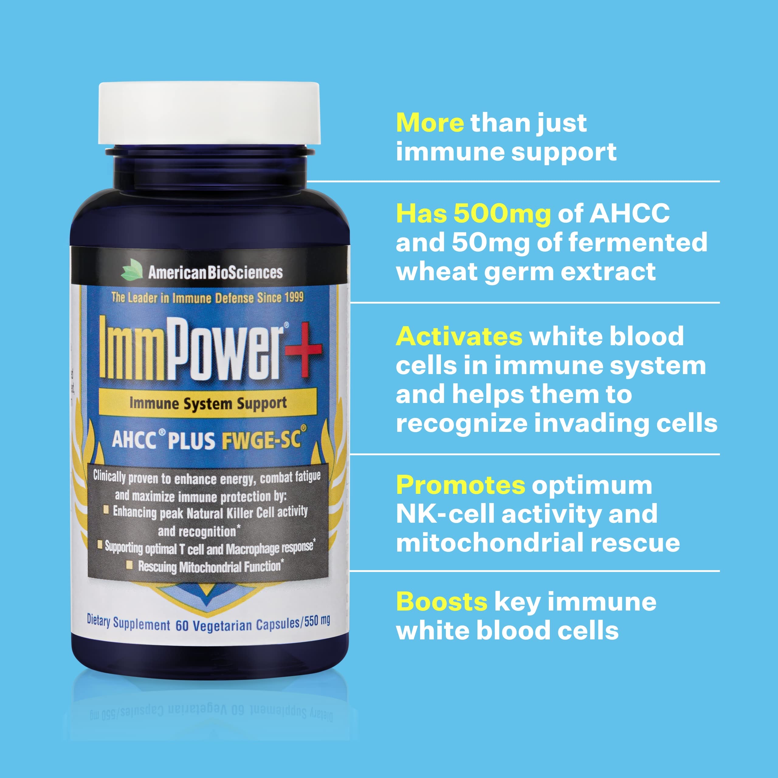 ImmPower bottle label close-up highlighting AHCC and FWGE ingredients