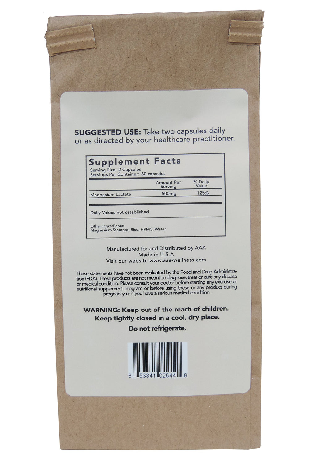 American Anti Aging Magnesium Lactate label emphasizing high absorption potential and formulation