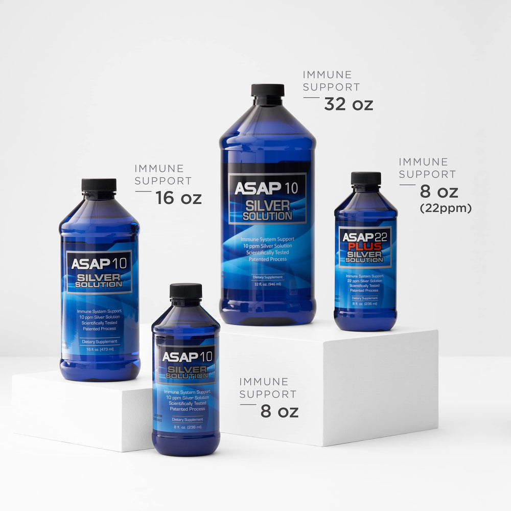 Glass bottle of ASAP10 Silver Solution shown for family-use routine.