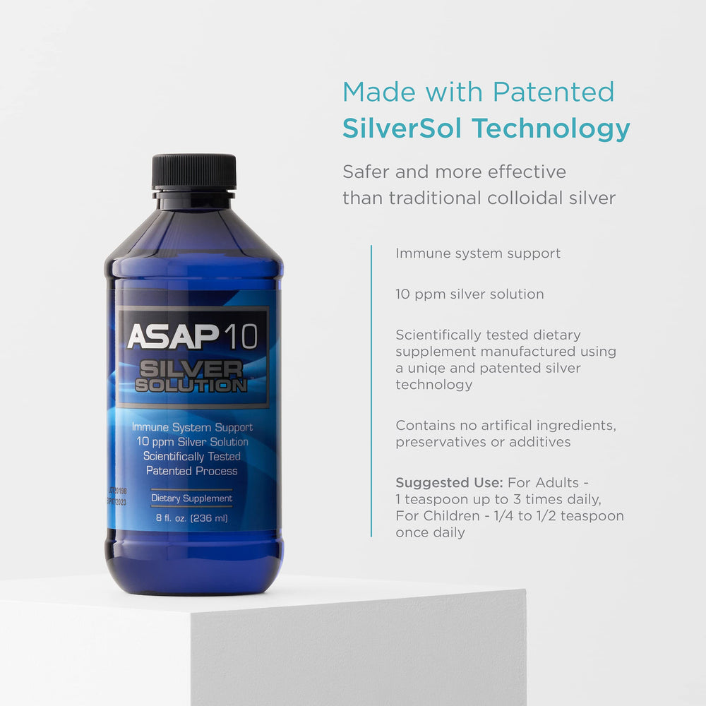 ASAP10 silver solution label closeup highlights SilverSol technology.