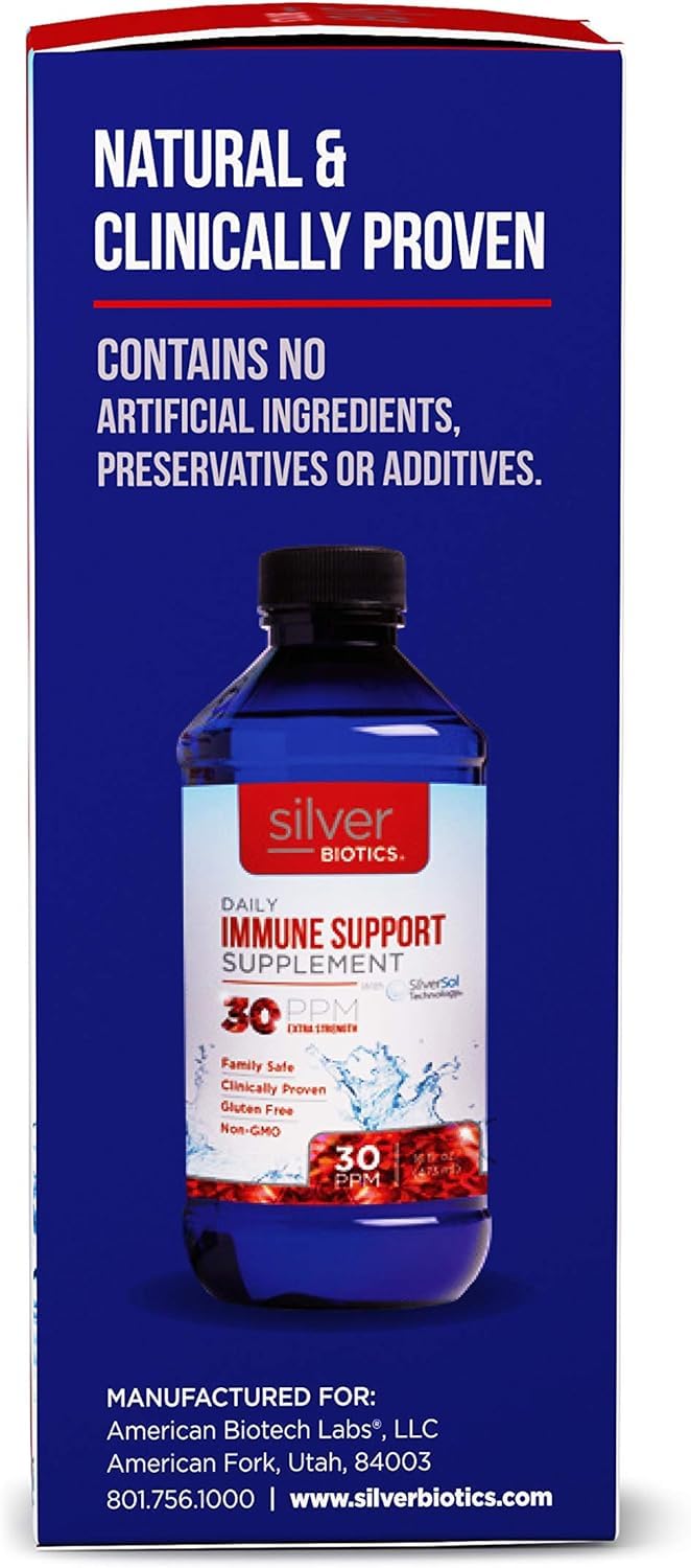 American Biotech Labs Silver Biotics 30 PPM bottle on kitchen shelf.