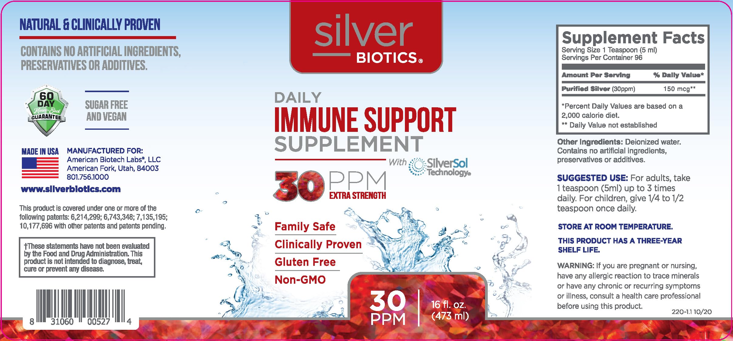 American Biotech Labs Silver Biotics 30 PPM daily-use bottle ready for routines.