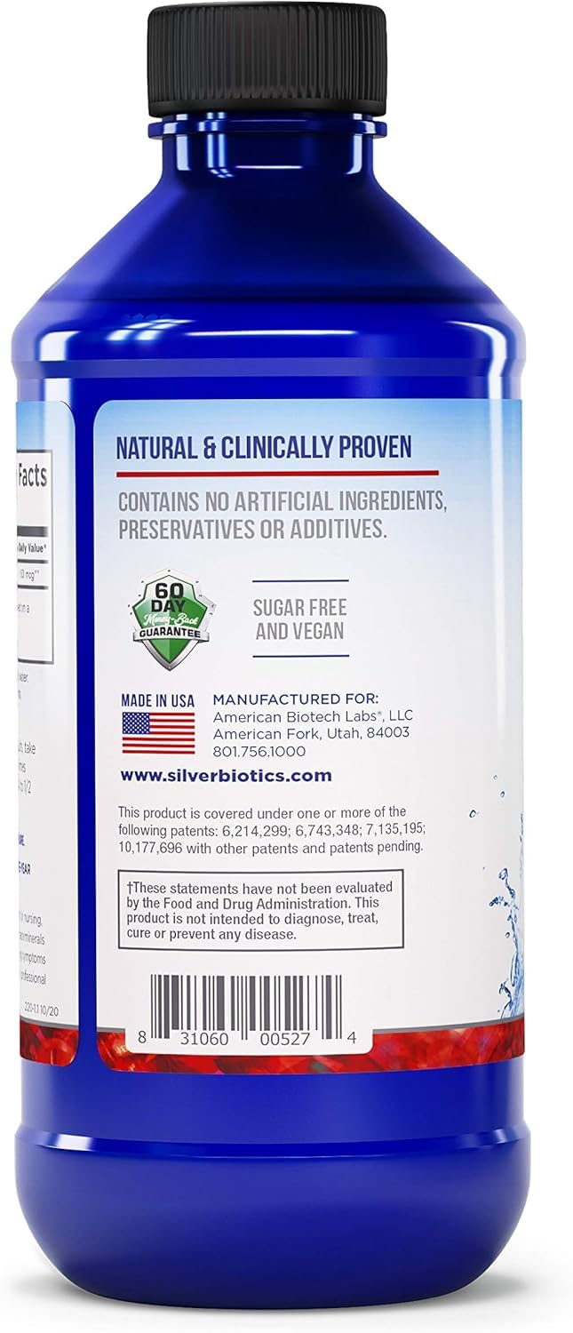 American Biotech Labs Silver Biotics label closeup highlights potency and purity.