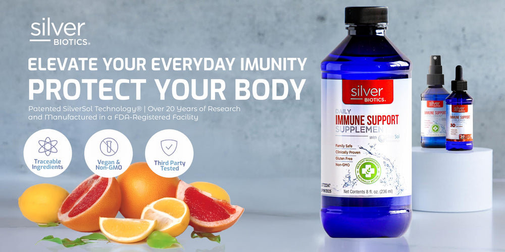 Close-up of Silver Biotics label highlighting vegan and gluten-free features.