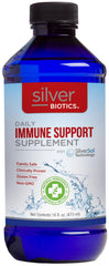 American Biotech Labs SilverBiotics immune support bottle front highlighting 10ppm SilverSol technology for daily immune support.