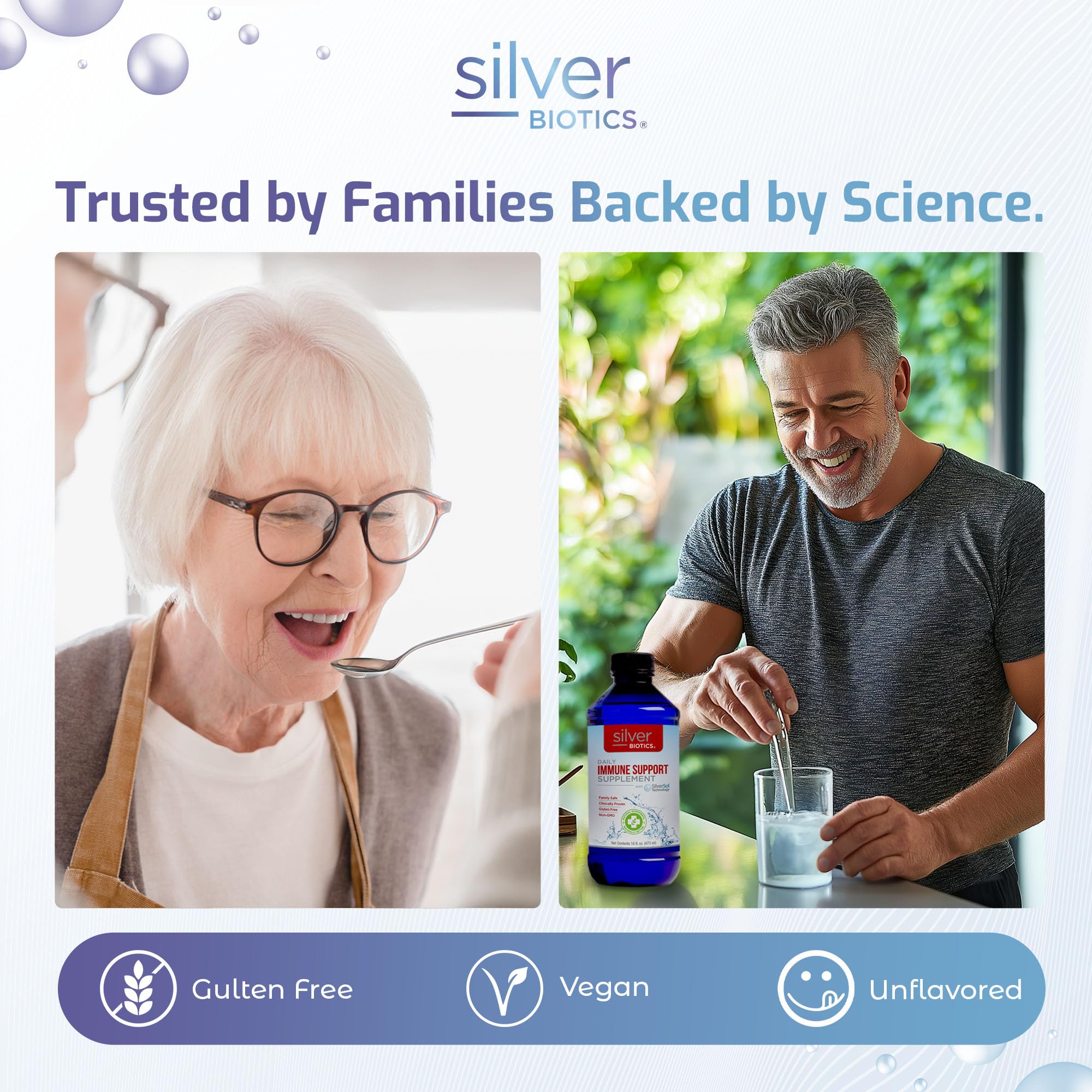 American Biotech Labs SilverBiotics close-up highlights no artificial ingredients for cleaner daily use.