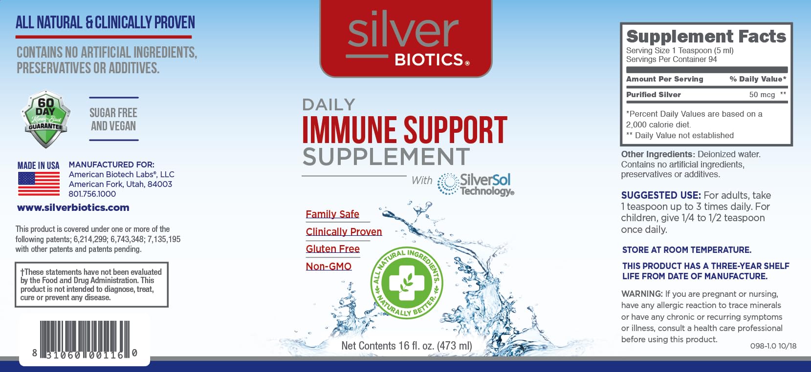 American Biotech Labs SilverBiotics packaging on store shelf highlighting clear dosing and labeling.