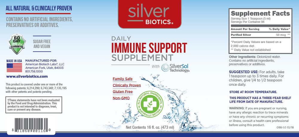 American Biotech Labs SilverBiotics packaging on store shelf highlighting clear dosing and labeling.