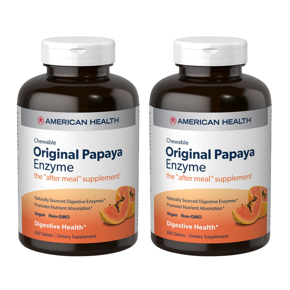 American Health Enzymes packaging shows papaya-based chewables for post-meal digestion support.