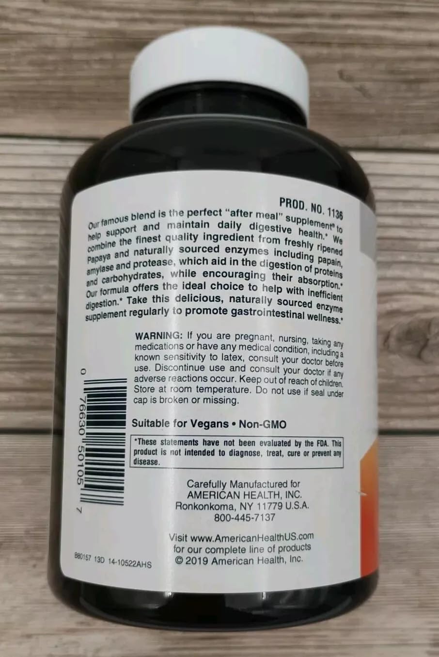 American Health Papaya Enzyme Original papaya fruit image highlighting natural ingredients and gluten-free formula