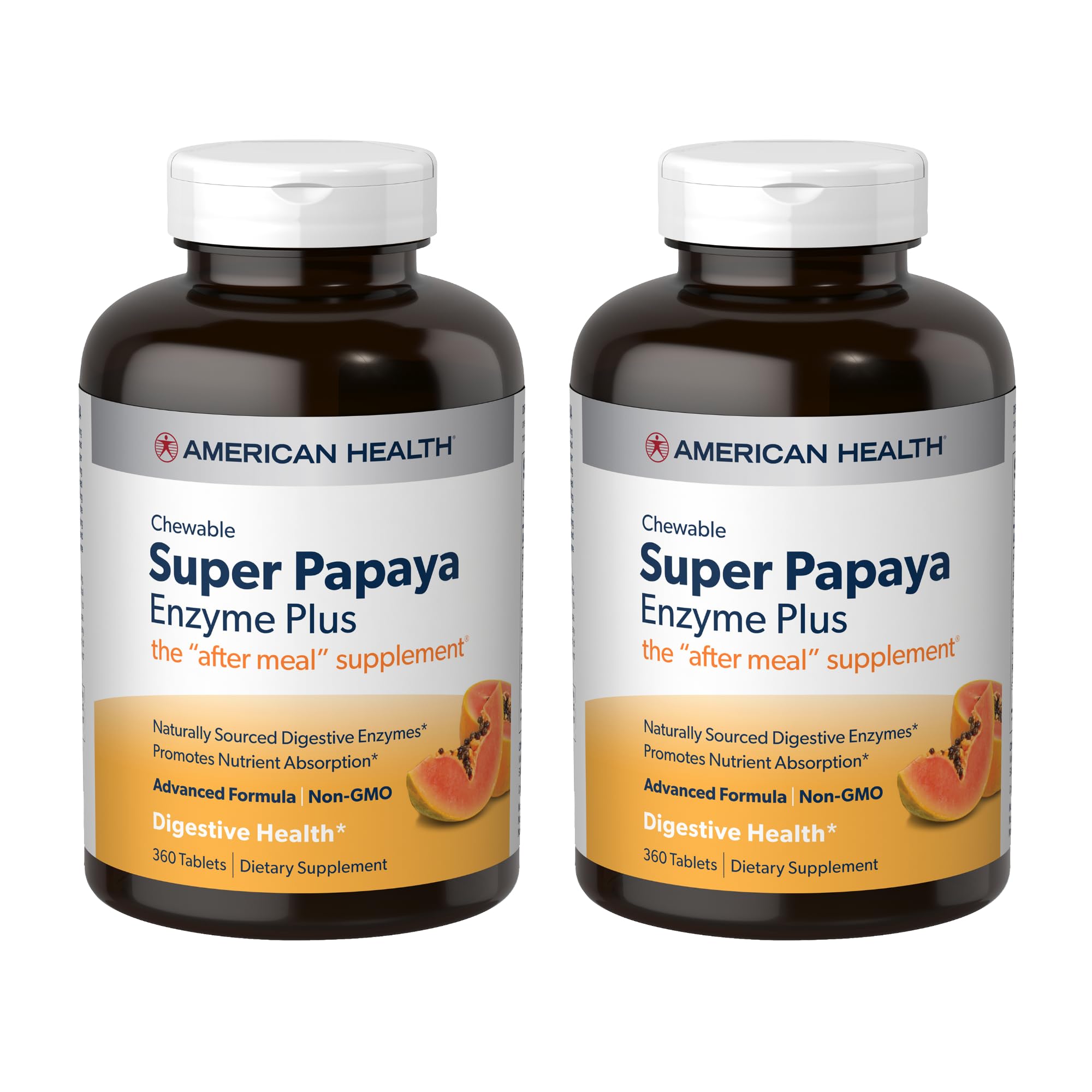 American Health Super Papaya Enzyme Plus bottle close-up showing post-meal digestive support.