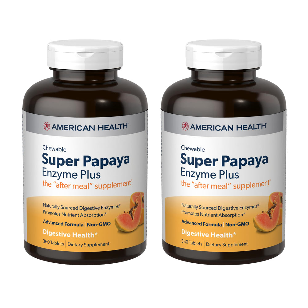 American Health Super Papaya Enzyme Plus bottle close-up showing post-meal digestive support.