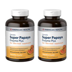 American Health Super Papaya Enzyme Plus bottle close-up showing post-meal digestive support.