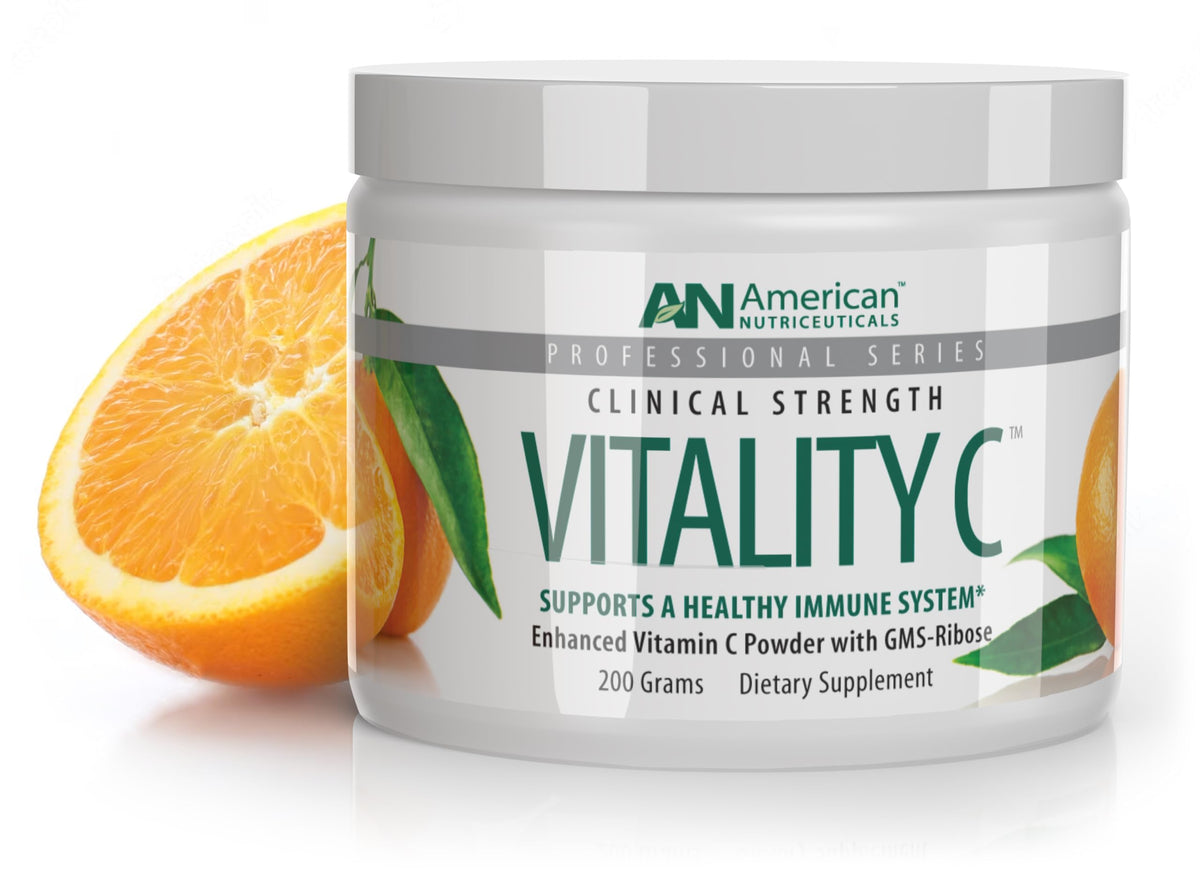 American Nutriceuticals Vitamin C Powder bottle shows pure, non-acidic immune support