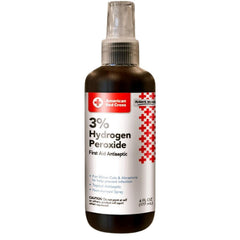 American Red Cross 3% hydrogen peroxide spray bottle pour for precise wound cleaning.