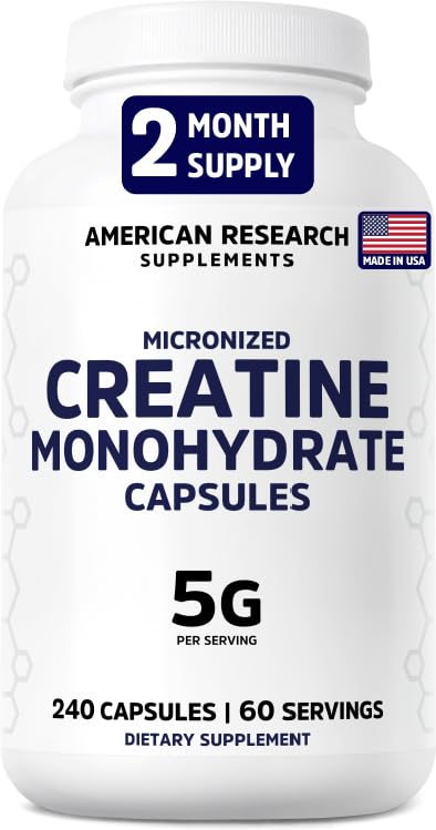 American Research Supplements Creatine Monohydrate Capsules 5G bottle front supports training energy with 5g per serving