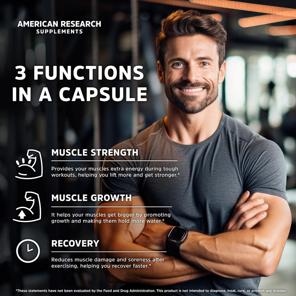 American Research Supplements Creatine Monohydrate Capsules 5G capsules closeup highlights micronized formula for better absorption