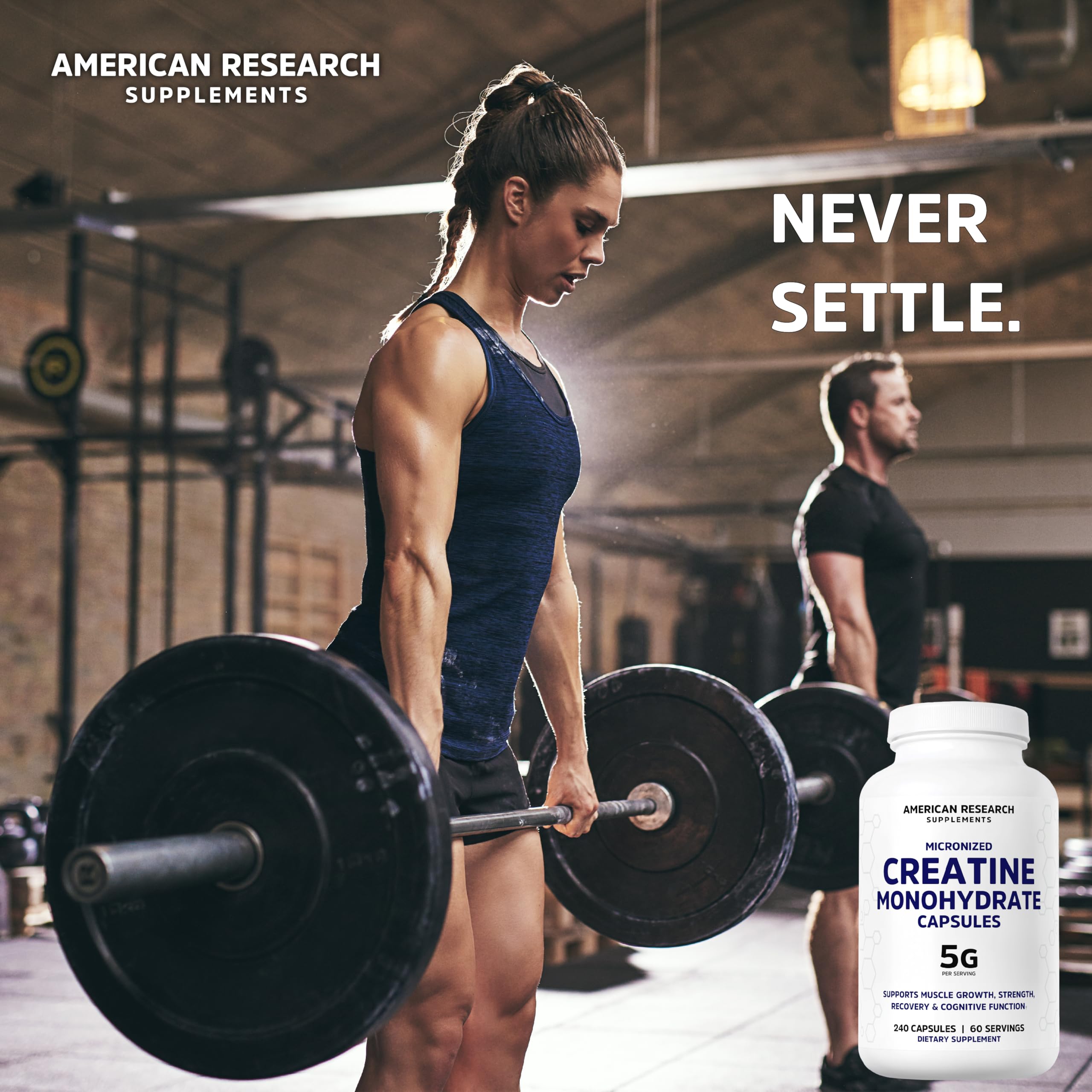 American Research Supplements Creatine Monohydrate Capsules 5G factory shot communicates cGMP quality